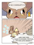 bodily_fluids comic dialogue dialogue_box dipstick_tail eevee english_text feral generation_1_pokemon hi_res male markings nintendo okazu open_mouth pokemon pokemon_(species) solo stairs star_eyes sweat tail tail_markings text watermark