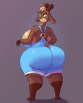 anthro big_breasts big_butt bovid breasts brown_body brown_hair butt caprine clothing female goat hair hi_res horn huge_breasts huge_butt jovi_cap mammal megan_(jovi_cap) overalls overalls_only solo thick_thighs yellow_eyes