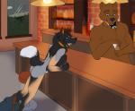 anthro bar bear beverage blue_eyes breasts butt canid canine detailed_background duo female fox inside male mammal muscular muscular_male recurrent transformation