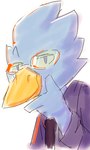 anthro avian beak berdly blue_body blue_feathers catjam_(artist) clothing deltarune eyebrows eyewear feathers glasses hi_res jacket male raised_eyebrow rim_light smile smiling_at_viewer smirk smirking_at_viewer solo topwear undertale_(series)