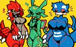 absurd_res anthro big_breasts black_sclera blue_body breasts collar female generation_3_pokemon green_body groudon group half-closed_eyes hi_res hoshmyposhes kyogre legendary_pokemon legendary_trio looking_at_viewer multicolored_body narrowed_eyes nintendo open_mouth pokemon pokemon_(species) rayquaza spiked_collar spikes thick_thighs trio two_tone_body weather_trio wide_hips yellow_eyes