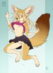 2017 anthro areola barefoot biped breasts canid canine claws clitoris clitoris_piercing clitoris_ring clothed clothing clothing_lift digital_media_(artwork) ear_piercing ear_ring exposed_breasts feet female fennec_fox fox genital_piercing genitals gloves_(marking) inner_ear_fluff ivy_trellis jumping kacey mammal markings nipples no_underwear open_mouth piercing pussy pussy_piercing pussy_ring red_eyes ring_piercing shirt simple_background solo tail toe_claws topwear true_fox tuft upskirt yanoi_lacroix