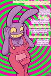 abstract_background absurd_res anthro brainwashing bulge clothing costume duo english_text erection erection_under_clothing female fursuit genitals glitch_productions hi_res hypnosis identity_death jax_(tadc) lagomorph leporid male mammal mind_control nx-42 overalls penis purple_body rabbit spiral_background text the_amazing_digital_circus yellow_eyes