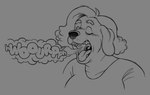 2022 anthro burp_cloud burp_fetish burping canid canine canis charmaine_(silverscarf) domestic_dog eyes_closed female greyscale mammal mature_anthro mature_female monochrome mouth_shot open_mouth silverscarf solo swinging_uvula tongue uvula