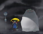 2009 5:4 ambiguous_gender anthro avian bus_stop digital_drawing_(artwork) digital_media_(artwork) duo_focus ghibli group kiki-uma my_neighbor_totoro nevrean outside rain_silves raining sergal shaded tail totoro totoro_bus_stop yung_yagili