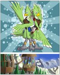 after_transformation anklet anthro avian avian_feet avian_legs bird_legs blonde_hair breasts colored comic confusion dialogue duo english_text feathers female forced forced_transformation gender_transformation green_body green_eyes green_feathers grey_legs hair hi_res jewelry long_hair looking_at_self medium_breasts mtf_transformation nintendo rito rito_village schmen species_transformation speech_bubble text the_legend_of_zelda transformation tribal tribal_clothing wings