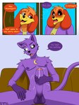 2024 3:4 annoyed anthro balls blush bodily_fluids canid canine canis catnap_(poppy_playtime) clothed clothing comic crescent_moon digital_media_(artwork) dogday_(poppy_playtime) domestic_cat domestic_dog duo dustin_c english_text erection felid feline felis foreskin fur genital_fluids genitals hair hi_res humanoid_genitalia humanoid_penis looking_at_viewer male male/male mammal mob_entertainment moon nipple_piercing nipples nude open_mouth penis piercing poppy_playtime purple_body shocked simple_background smile smiling_critters stroking_penis tail text topwear