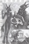 2000s_(media) anthro anubian_jackal anubis_dark_desire areola breasts canid canine canis caribou_(artist) comic dialogue duamutef duo egyptian english_text female fur genitals greyscale hi_res jackal khaybat kneeling lying male male/female mammal monochrome nipples nude on_front personal_grooming pussy standing tail text traditional_media_(artwork)