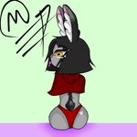 1:1 anny_(draws_of_mya) anthro black_body black_fur black_hair butt clothed clothing draws_of_mya female fur green_background grey_body grey_fur hair lagomorph leporid mammal orange_eyes rabbit short_hair simple_background solo