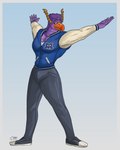 anthro avian beak big_pecs body_hair bottomwear brock_pearson chest_hair clothed clothing digital_media_(artwork) disney footwear hair hi_res horn jacket jock krowbutt letterman_jacket looking_at_viewer male monster monsters_inc monsters_university mullet muscular muscular_anthro muscular_male orange_beak pants pecs pixar purple_body purple_hair raised_arms shoes simple_background smile solo standing topwear wide_stance