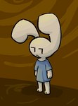 aliasing big_ears bottomless clothed clothing cosmic_rabbit_(species) digital_media_(artwork) frown fur half-closed_eyes jwatch lagomorph leporid looking_aside looking_at_viewer mammal narrowed_eyes oversized_clothing oversized_shirt oversized_topwear rabbit shirt shirt_only simple_background simple_eyes standing t-shirt_only topwear topwear_only white_body white_fur