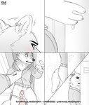 2022 animal_genitalia animal_penis anthro balls biped blush bottomless bottomless_anthro bottomless_male canid canine canine_genitalia canine_penis canis clothed clothing comic digital_media_(artwork) duo ear_piercing ear_ring ear_twitch fox genitals hi_res leto_(letodoesart) letodoesart lipsticking locker looking_at_viewer male male/male mammal panel_skew penis piercing ring_piercing shirt_grab wolf