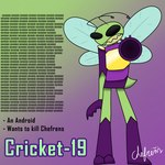 1:1 android angry animal_humanoid armor arthropod arthropod_humanoid chefrens cricket-19_(chefrens) english_text forceps green_body gun_arm hi_res humanoid insect insect_humanoid machine male medical_instrument purple_armor robot scientific_instrument solo surgical_instrument tail text tiny_tail tweezers wings