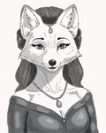 1thl absurd_res anthro arctic_fox breasts canid canine clothing dress female fox hair hi_res jewelry long_hair looking_at_viewer mammal middle_aged necklace portrait solo true_fox