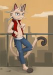 anthro bottomwear chain city city_background clock clothed clothing coin denim denim_bottomwear denim_clothing digital_media_(artwork) digital_painting_(artwork) fan_character felid feline fur generation_1_pokemon grey_body grey_fur hi_res jeans leaning leaning_backward male mammal meowth midriff nintendo open_clothing open_topwear open_vest pants pesets pokemon pokemon_(species) sagging_pants shirtless skinny sky slim solo tan_body tan_fur teeth_showing topwear torn_bottomwear torn_clothing torn_jeans torn_pants underwear vest watch white_body white_clothing white_fur white_underwear wristwatch yellow_sky