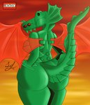 absurd_res animate_inanimate anthro artificial_body big_breasts big_butt breasts butt cloud dragon female fin green_body hi_res humanoid lego lego_dragon_(6129c03) lindwormduality looking_back mythological_creature mythological_scalie mythology orange_wings plastic_body rear_view scalie sky skyscape solo spiked_tail spikes spikes_(anatomy) studs sunset tail thick_thighs translucent translucent_wings wings