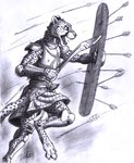 0laffson 2024 anthro armor arrow_(weapon) arrowed battle_cry belt biped blood blood_on_sword blood_on_weapon bodily_fluids bottomwear buckle cheetah claws clothing couter cuirass digitigrade ear_piercing ear_ring fangs felid feline fur graphite_(artwork) hi_res holding_melee_weapon holding_object holding_shield holding_sword holding_weapon jewelry looking_forward mace male mammal markings melee_weapon monochrome motion_blur necklace open_mouth paws piercing plate_armor poleyn ranged_weapon ring_piercing saliva scar schynbalds shield signature skirt solo spaulder spots spotted_body spotted_fur spotted_markings spotted_tail straps sword tail tail_markings teeth ti'maar_(titusw) toe_claws traditional_media_(artwork) vambrace weapon