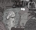 anthro belly beverage big_belly bowl breasts buckteeth butt common_hippopotamus container disney drink_umbrella duo european_rabbit female forced forced_exposure forced_nudity_collar fountain furniture genitals hi_res hippopotamid judy_hopps lagomorph leporid lock male mammal mlinkina monochrome mystic_spring_oasis nipples nude nudist oryctolagus outside palm_tree plant pussy rabbit shrub story story_in_description table teeth thick_thighs tree zootopia