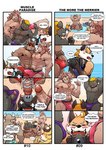 anthro beach boss_(gym_pals) bovid bovine bruno_(gym_pals) bulge camera canid canine canis cattle clothing comic dialogue english_text erection felid fox genital_piercing genitals group gym_pals h155296 hi_res humanoid_genitalia humanoid_penis lion male male/male mammal manager_(gym_pals) master_(gym_pals) nipple_piercing nipples outside pal_(gym_pals) pantherine penis penis_piercing piercing seaside speedo swimwear text tiger wolf