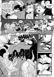 7_panel_comic absurd_res ailurid anthro armor bottomwear bovid bulge canid canine caprine chubby_cheeks clothed clothing comic dialogue digital_media_(artwork) english_text fantasy_clothing goat group hi_res male mammal mangolynx mimic mimic_chest monochrome moobs mouse murid murine overweight overweight_anthro overweight_male red_panda rodent tentacles text url