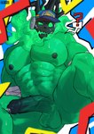 abs balls black_glans bodily_fluids clothing erection genitals glans green_balls green_body green_penis hat headgear headwear hi_res humanoid humanoid_genitalia humanoid_penis league_of_legends looking_at_viewer male monsterplus muscular muscular_male nipples not_furry pecs penis question_mark riot_games solo sweat tencent thresh