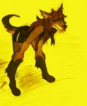 2022 ambiguous_gender anthro bent_over brown_hair canid canine canis facial_piercing female fluffy hair hands_on_knees hands_on_legs hi_res lidded_eyes mammal mano_(mjsty) mjsty nose_piercing nose_ring piercing ring_piercing simple_background solo tongue tongue_out wolf yellow_background