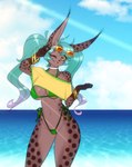 2024 absurd_res anthro beach big_ears bikini bracelet brazilian_miku breasts brown_body brown_fur choker clothing crop_top dipstick_ears ear_markings ear_tuft eyebrows eyelashes eyewear eyewear_on_head felid feline female fur gloves_(marking) green_bikini green_clothing green_swimwear hair hatsune_miku hi_res inner_ear_fluff jewelry long_pigtails looking_at_viewer lynx mammal mara_(scorpdk) markings multicolored_ears necklace one_eye_closed open_mouth outside pigtails scorpdk shirt side-tie_bikini solo spots spotted_body spotted_fur string_bikini sunglasses sunglasses_on_head swimwear teal_hair topwear tuft twintails_(hairstyle) two-piece_swimsuit vocaloid wink yellow_eyes yellow_sclera