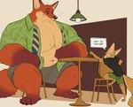 absurd_res anthro biped black_clothing black_shirt black_t-shirt black_topwear bottomwear canid canine chair clothing dialogue disney duo english_text fennec_fox finnick_(zootopia) fluffy fluffy_tail fox fur furniture gloves_(marking) green_bottomwear green_clothing green_shirt green_shorts green_topwear grey_bottomwear grey_clothing grey_shorts hi_res larger_anthro larger_male leg_markings male mammal markings mosin muscular muscular_anthro muscular_male necktie nick_wilde orange_body orange_fur red_fox shirt shorts sitting size_difference smaller_anthro smaller_male smug socks_(marking) speech_bubble t-shirt table tail text topwear true_fox zootopia