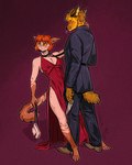 animal_humanoid anthro aren_(fentirsa9) big_breasts black_tie_(suit) blush breasts canid canine canis clothed clothing collar digital_media_(artwork) domestic_cat dominant dominant_male duo elegant_dress elegant_pose felid feline felis female fentirsa9 fentirsa_(fentirsa9) fur hair hi_res humanoid knife_play leash leash_pull male male/female mammal mammal_humanoid maned_wolf partially_clothed power_bottom purse simple_background smile suit tail wristlet_(bag)