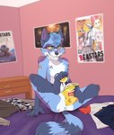 anthro anus beastars blue_body blue_fur butt chips_(food) clawing claws eating_with_paws evil_face eyewear food fur glasses green_eyes hi_res lay's lays lings_star male mammal nude paws potato_chips procyonid raccoon scratches scratching solo toe_claws unknown_artist x_anus yellow_sclera