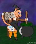 2018 5:6 anthro butt cauldron clothed clothing cooking_pot costume domestic_cat felid feline felis female food halloween hat headgear headwear hi_res holidays magic_user mammal potion rear_view slightly_chubby slushiepuff solo stew tail_under_skirt tail_upskirt thick_thighs underwear upskirt witch