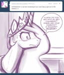 ask_blog ask_princess_molestia blush bodily_fluids crown dialogue english_text equid equine fan_character female feral friendship_is_magic hair hasbro headgear horn horse john_joseco long_hair mammal monochrome my_little_pony pony princess princess_celestia_(mlp) princess_molestia royalty solo sweat text tiara tumblr