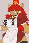 2019 anthro apron big_breasts breasts clothing deity dress egyptian egyptian_clothing egyptian_headdress egyptian_mythology facial_markings felid female fur futaba_channel grey_background hair head_markings japanese_text lion long_hair maid_apron maid_headdress maid_uniform mammal markings middle_eastern_mythology mythology nijiura_maids open_mouth orange_eyes pantherine quququl red_clothing red_dress red_hair satsugai-san sekhmet sharp_teeth simple_background solo tan_body tan_fur teeth text thick_thighs uniform white_apron white_clothing wide_hips