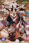 absurd_res asian_clothing asian_mythology beads canid canine clothing east_asian_clothing east_asian_mythology feral flower fox hi_res japanese_clothing japanese_mythology kimono male mammal mythology plant red_fox semi-anthro solo tonbippo08 traditional_media_(artwork) true_fox