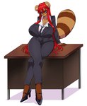 anthro big_breasts breasts business_suit catboi_arry clothing female footwear hair hi_res high_heels huge_breasts long_hair necktie red_hair shoes sitting_on_desk solo suit valerie_(moshi)