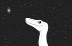 cosmic_background dinosaur earhole feral looking_up male monochrome night prehistoric_species procyon-art reptile scales scalie sky smile solo star starry_background theropod