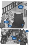 2023 anthro comic dialogue eating english_text eyewear felid female food fur glasses greyscale hi_res janelle_(spincraze) john_(spincraze) male mammal markings monochrome pantherine profanity snow_leopard spincraze spots spotted_body spotted_fur stairs striped_body striped_fur stripes text tiger trudy_(spincraze)