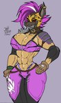 abs anthro armor big_breasts breasts clothed clothing collar ear_piercing ear_ring epic_games female fortnite gloves handwear hi_res hyena mammal muscular muscular_female pauldron piercing red_eyes ring_piercing scarr_(fortnite) solo thick_thighs zhengfox