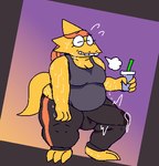 alphys anthro bodily_fluids breasts bulge cleavage clothed clothing container cup exhausted eyewear felineflustered genital_fluids genitals glasses gynomorph intersex lizard low_res overweight overweight_gynomorph overweight_intersex penis precum precum_through_clothing reptile scalie solo sweat tail undertale_(series) wet wet_clothing