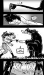 anthro breasts canid canine canis cleavage clothed clothing comic daigaijin dialogue domestic_dog duo english_text female fingerless_gloves fox fur furryfight_chronicles gantus_(furryfight_chronicles) gloves hair handwear hi_res kalita_(furryfight_chronicles) male mammal monochrome raining text