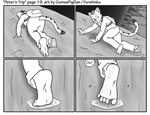 2019 5_fingers 5_toes anthro backpack barefoot black_and_white bottomwear butt climbing climbing_down clothing comic coniferous_forest coniferous_tree dirty dirty_feet domestic_cat english_text feet felid feline felis fingers foot_focus footwear forest forest_background four_frame_image fur furshinku humanoid_feet humanoid_hands long_tail looking_back male mammal monochrome mountain mountainside nature nature_background pain pants peter_(furshinku) plant plantigrade pointy_ears prick_ears rear_view rock sandals shirt shoes snout soles solo speech_bubble striped_body striped_fur stripes tail text toes topwear tree