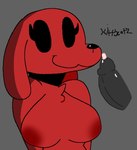 anthro areola big_breasts big_penis black_collar bodily_fluids breasts canid canine canis clifford_(clifford_the_big_red_dog) clifford_the_big_red_dog collar crossgender cum disembodied_penis domestic_dog duo ears_flat eyelashes female female_focus fur genital_fluids genitals grey_penis happy huge_breasts kittycatz male mammal mtf_crossgender nipples penis precum red_body red_ears red_fur smile smiley_face solo_focus