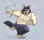 anthro barefoot barong_(clothing) biped black_body black_fur black_sclera bottomwear bowing canid canine canis chain clothed clothing dialogue domestic_dog english_text feet fully_clothed fur garmr_(tas) hi_res lifewonders male mammal shorts smile solo text tokyo_afterschool_summoners tribdinosaur twinkle yellow_eyes