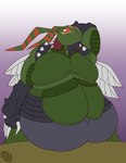 antennae_(anatomy) armor_plates arthropod bandai_namco belly belly_overhang digimon digimon_(species) hand_behind_head humanoid male membrane_(anatomy) membranous_wings moobs nenanauso obese overweight overweight_male solo spikes stingmon wings