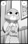 2018 anthro borba clothing comic disney english_text female greyscale hi_res judy_hopps lagomorph leporid mammal monochrome pajamas photo rabbit solo text zootopia