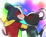 2024 black_body black_fur blush blush_lines clothing crushpepper digital_drawing_(artwork) digital_media_(artwork) duo eyes_closed fur heart_symbol hearts_around_head hi_res jacket kerchief kiss_on_lips kissing male male/male mammal mammal_taur mephitid mephitid_taur multicolored_body multicolored_fur neckerchief oxynard pepper_(crushpepper) rainbow_background red_eyes scarf simple_background skunk skunk_taur taur topwear two_tone_body two_tone_fur white_body white_fur