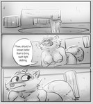 after_transformation anthro areola bathroom blush breasts comic dialogue english_text female hi_res mammal monochrome nipples nude procyonid public_restroom raccoon solo speech_bubble text zoba_(artist)