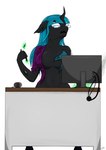 absurd_res anthro arthropod black_body blue_eyes burnt_clothing changeling computer desk electronics eyewear fangs female friendship_is_magic furniture glasses glowing hasbro hi_res juniper_montage_(eg) magic mixdaponies my_little_pony solo table teeth turquoise_hair