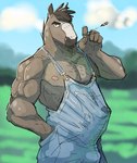 2017 5_fingers anthro biceps big_bulge biped bodily_fluids brown_body brown_eyebrows brown_fur brown_mane bulge clothing colored cool_colors detailed_background detailed_bulge equid equine erection erection_under_clothing eyebrows farmer fingers fur genital_fluids genital_outline hand_in_pocket hi_res horse humanoid_hands male male_anthro mammal mane muscular muscular_anthro muscular_male nipples outside overalls pecs penis_outline pockets precum precum_through_clothing sky solo straw_in_mouth thick_eyebrows triceps wet wet_clothing zhaqez