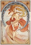 anthro art_nouveau blonde_hair breasts brown_eyes butt canid canine detailed_background digital_media_(artwork) female fennec_ears fennec_fox fox fox_tail fur hair hi_res lewdles looking_at_viewer mammal naked_penny nipples nude nude_anthro nude_female penny_fenmore sash smile solo tail tan_body tan_fur true_fox